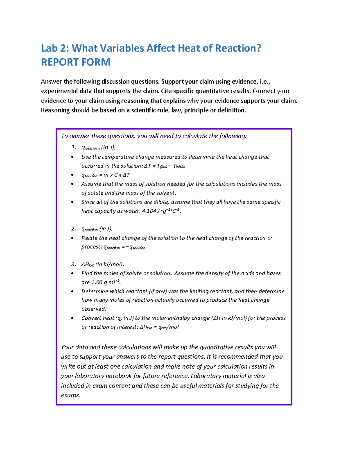 Lab 2 Report FORM What Variables Affect Heat of Reaction Sp23 Lab 2
