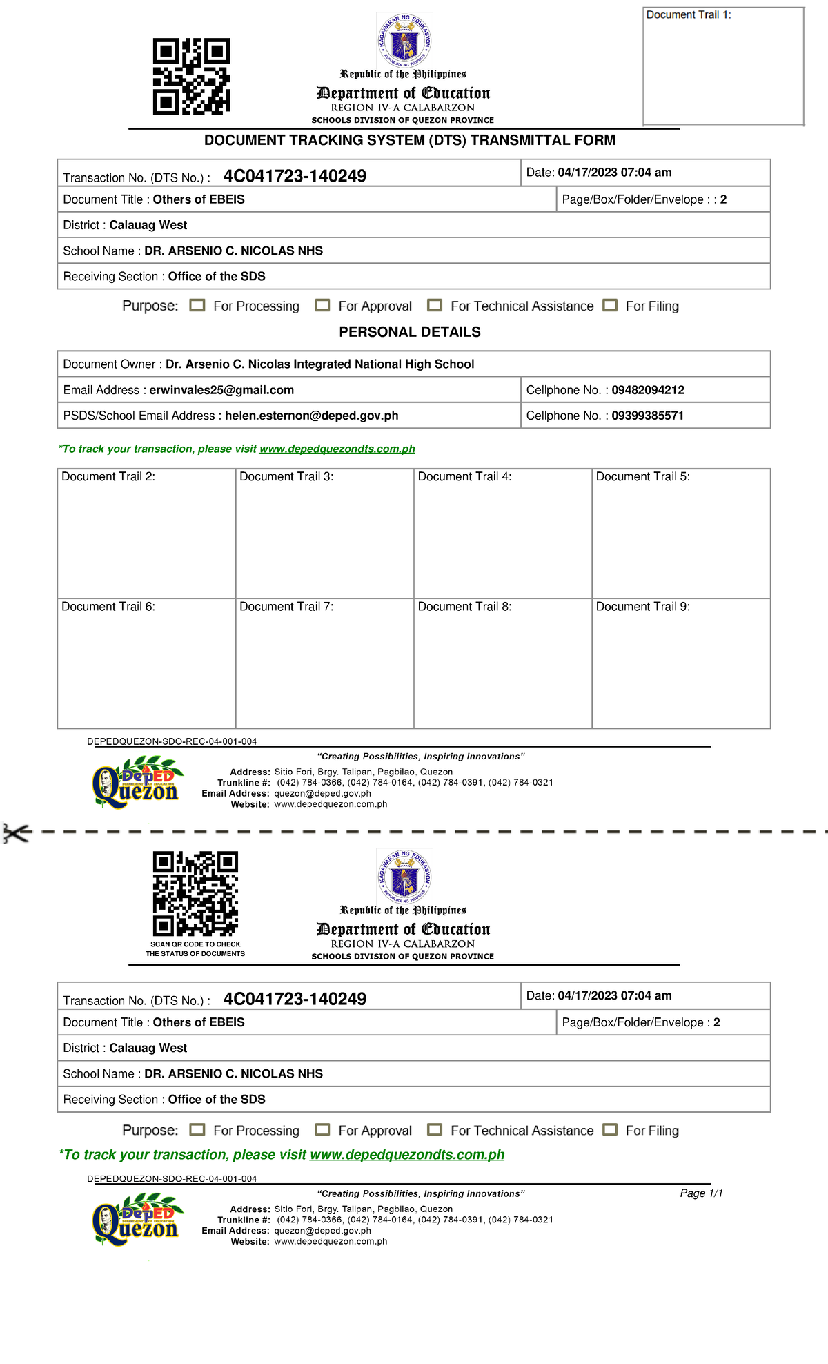 Dts transmittal Hhhh SCAN QR CODE TO CHECK THE STATUS OF DOCUMENTS
