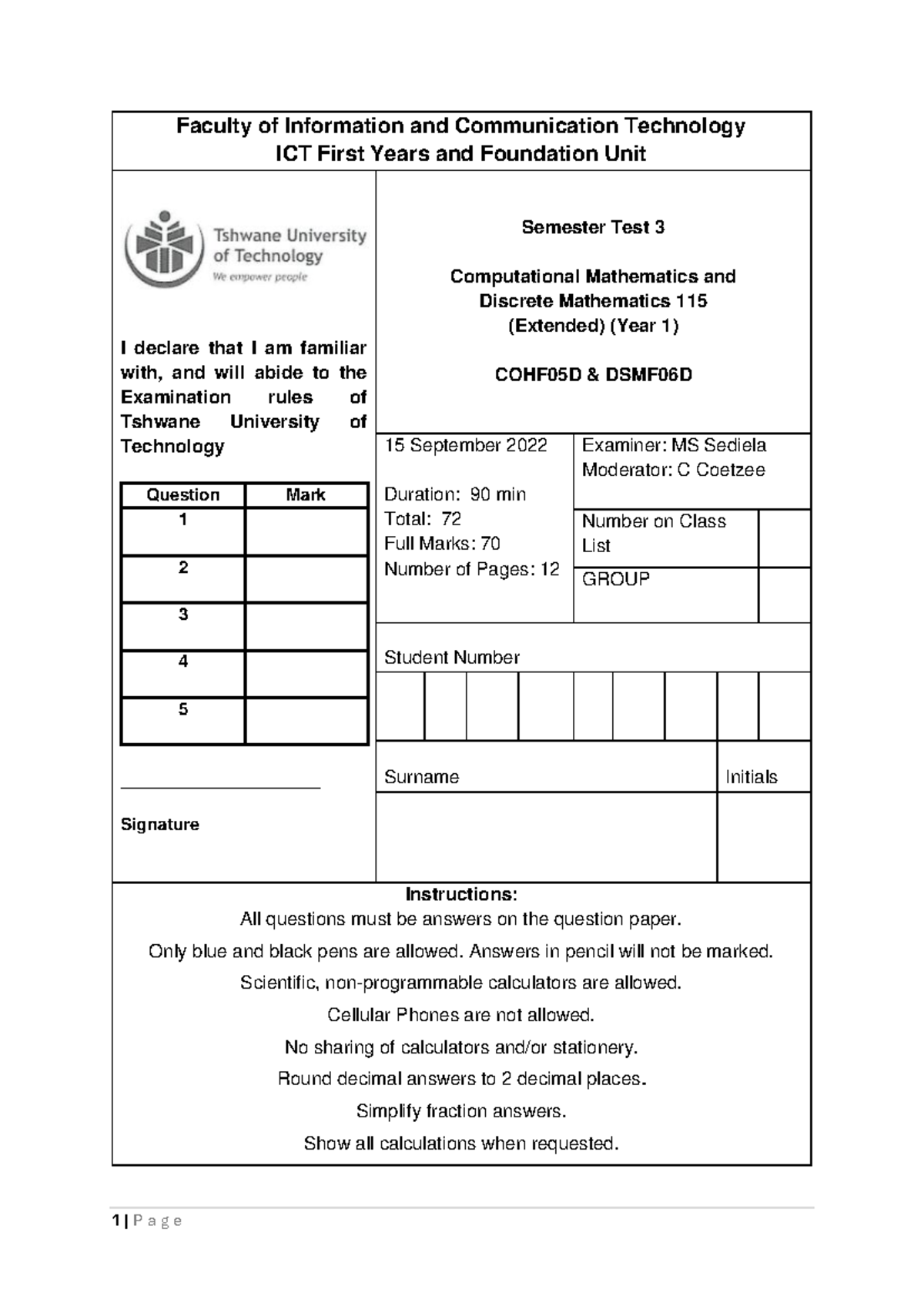Semester Test3(2022) - IT IS VERY EDUCATIONAL - Faculty of Information ...
