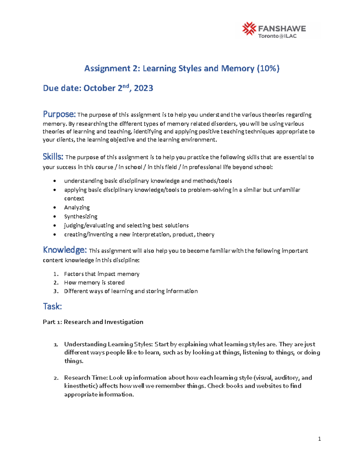 Assignment 2 Teaching And Learning 1 Assignment 2 Learning Styles And Memory 10 Due Date Assignment 2 Teaching And Learning 1 Assignment 2 Learning Styles And Memory 10 Due Date
