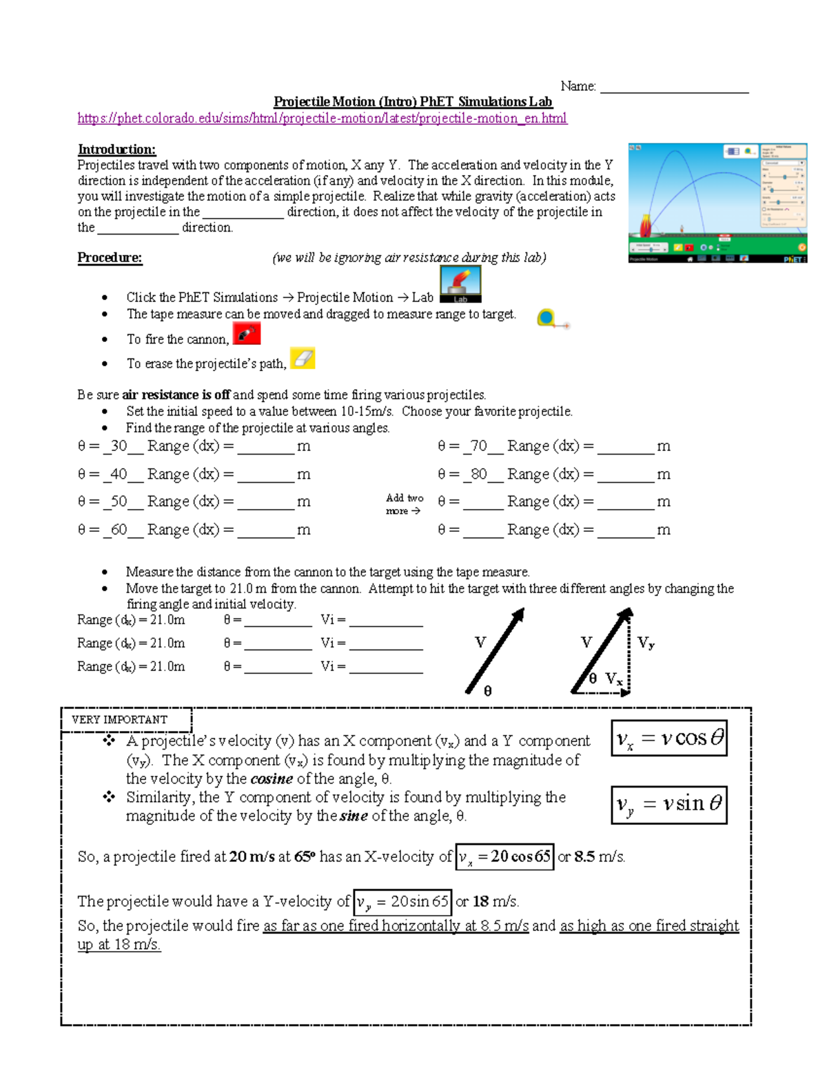 Projectiles-lab - Name: ______________________ Projectile Motion (Intro ...