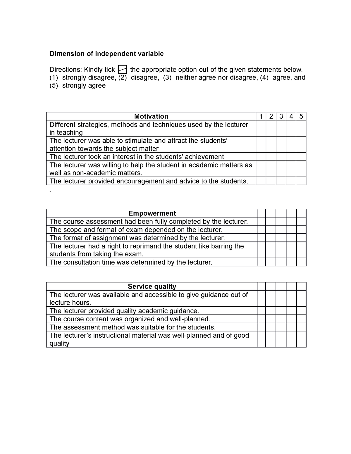 Student satisfaction questionnaire - Dimension of independent variable ...