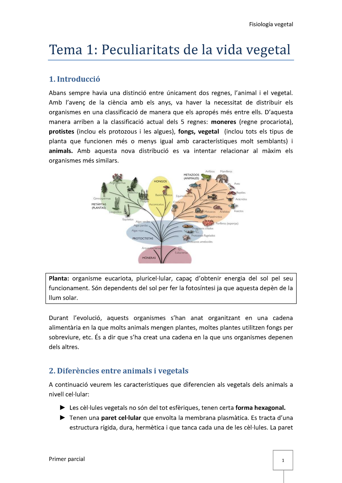 Tema 1, Fisiologia Vegetal - Fisiología Vegetal Tema 1: Peculiaritats ...