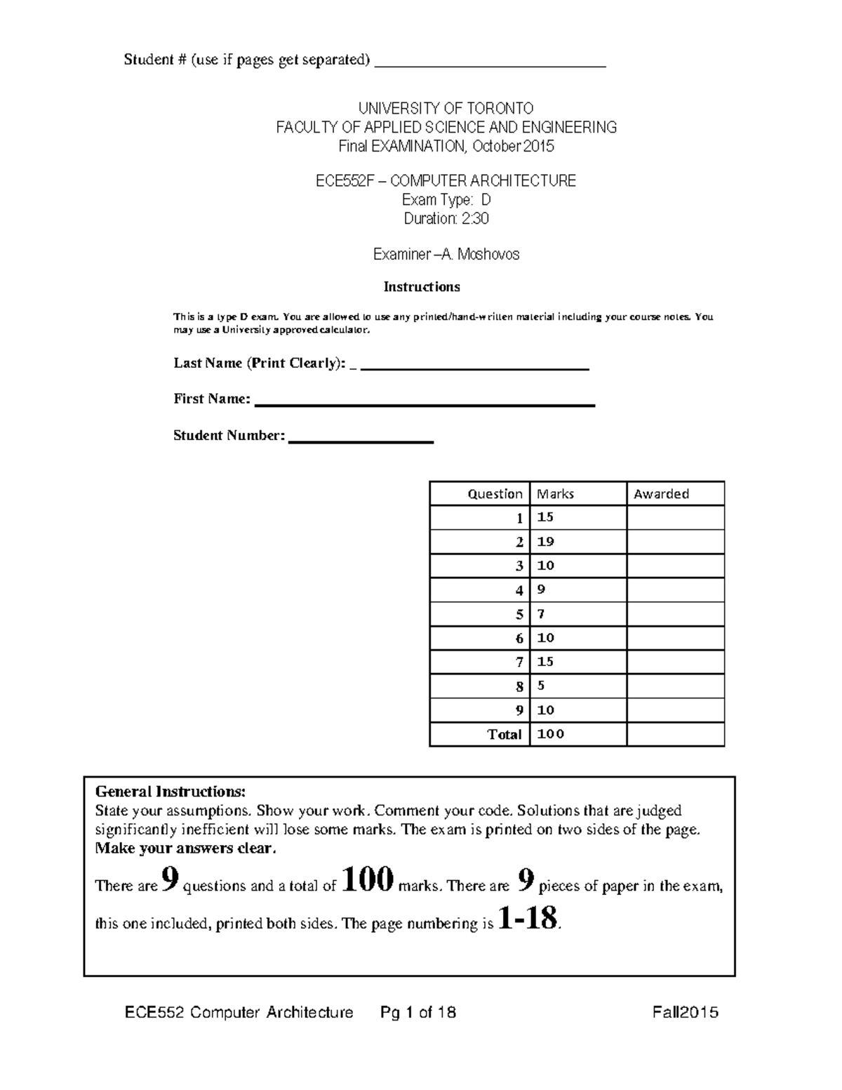 Exam 1 Fall 2015, questions and answers - Student # (use if pages get ...