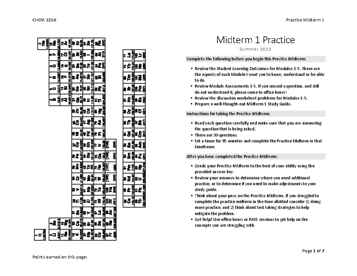 Midterm+1+Practice Ochem - Page 1 of 7 Midterm 1 Practice Summer 2022 ...