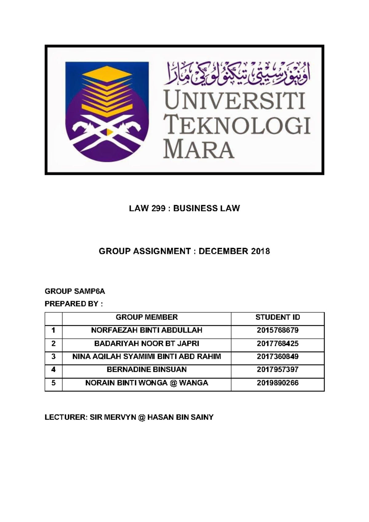 LAW299 DEC 2018 Group Assignment - LAW 299 : BUSINESS LAW GROUP ...