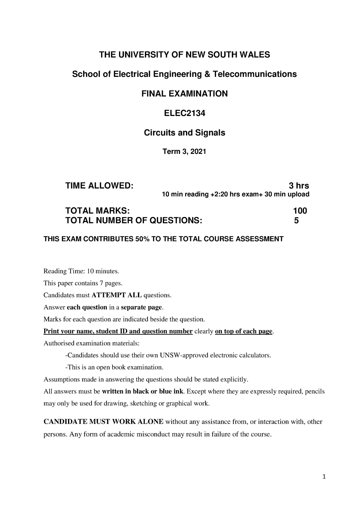 ELEC2134 2021 T3 Final Exam Final - THE UNIVERSITY OF NEW SOUTH WALES ...