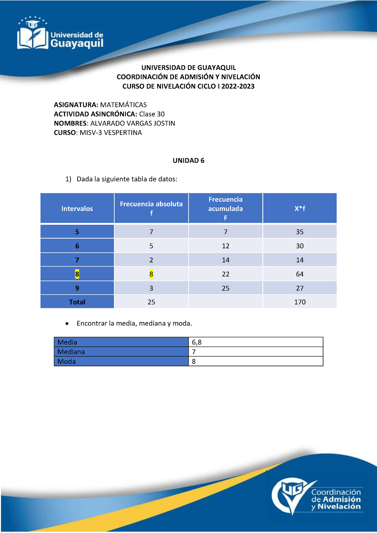 Tarea S8 - UNIVERSIDAD DE GUAYAQUIL COORDINACI”N DE ADMISI”N Y NIVELACI ...