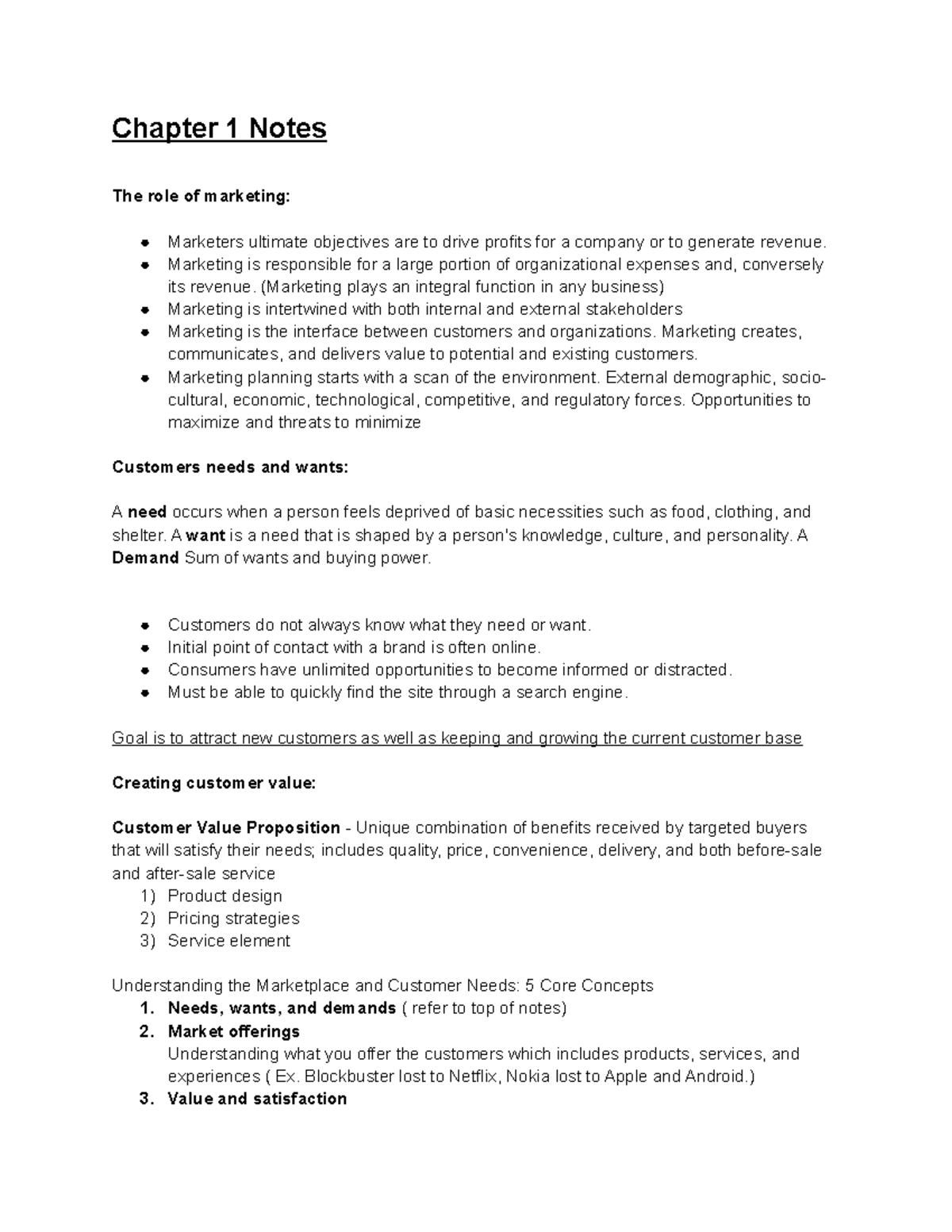 Marketing The core Chapter 1 study notes - Chapter 1 Notes The role of ...