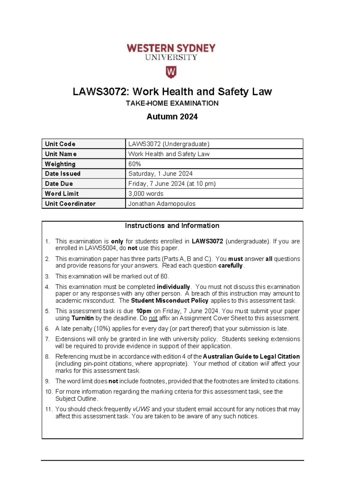 Examination exemplar - LAWS3072: Work Health and Safety Law TAKE-HOME ...