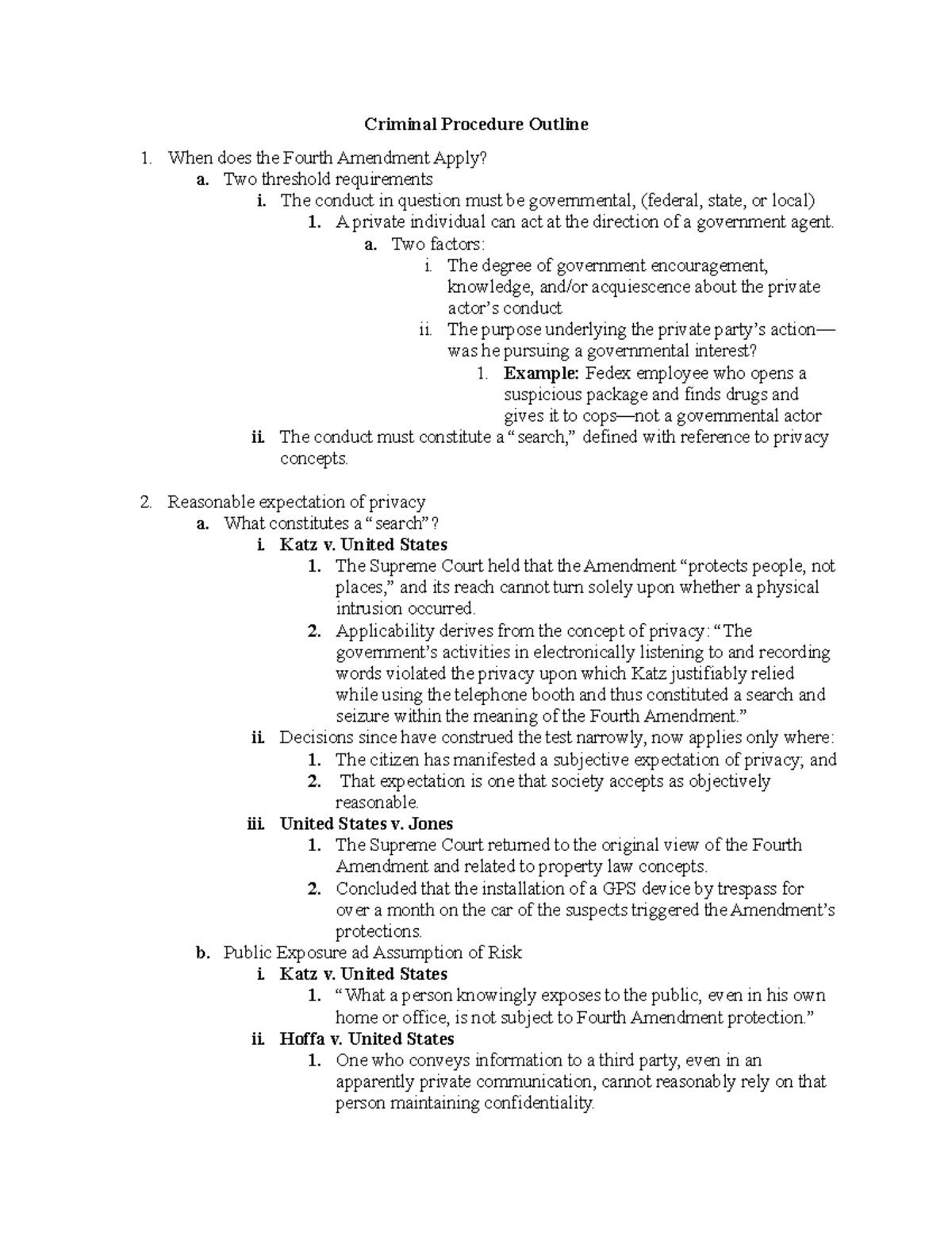 Crim Pro Outline Fourth Amendment Criminal Procedure Outline When