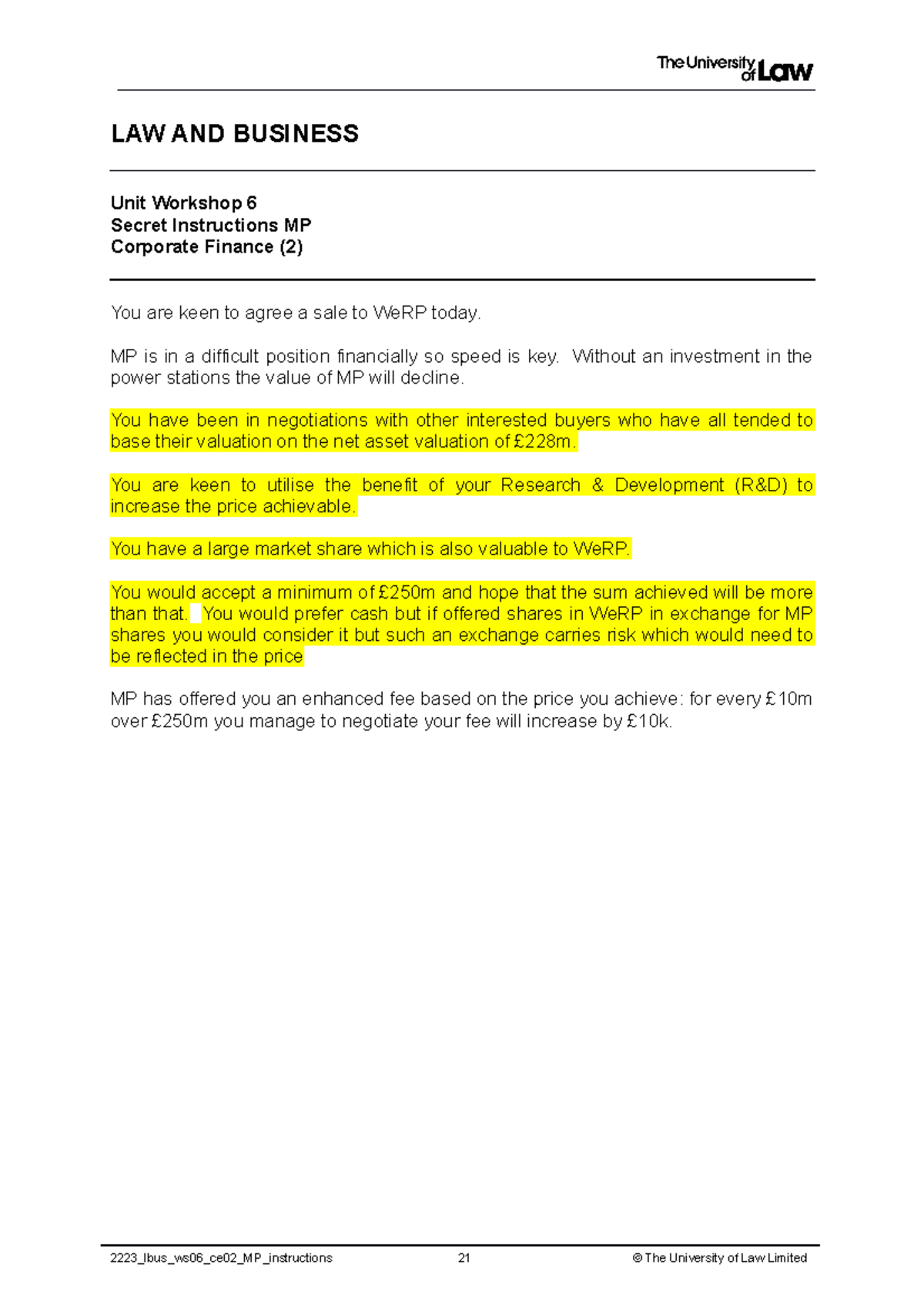 2223 lbus ws06 ce02 MP Instructions - LAW AND BUSINESS Unit Workshop 6 ...