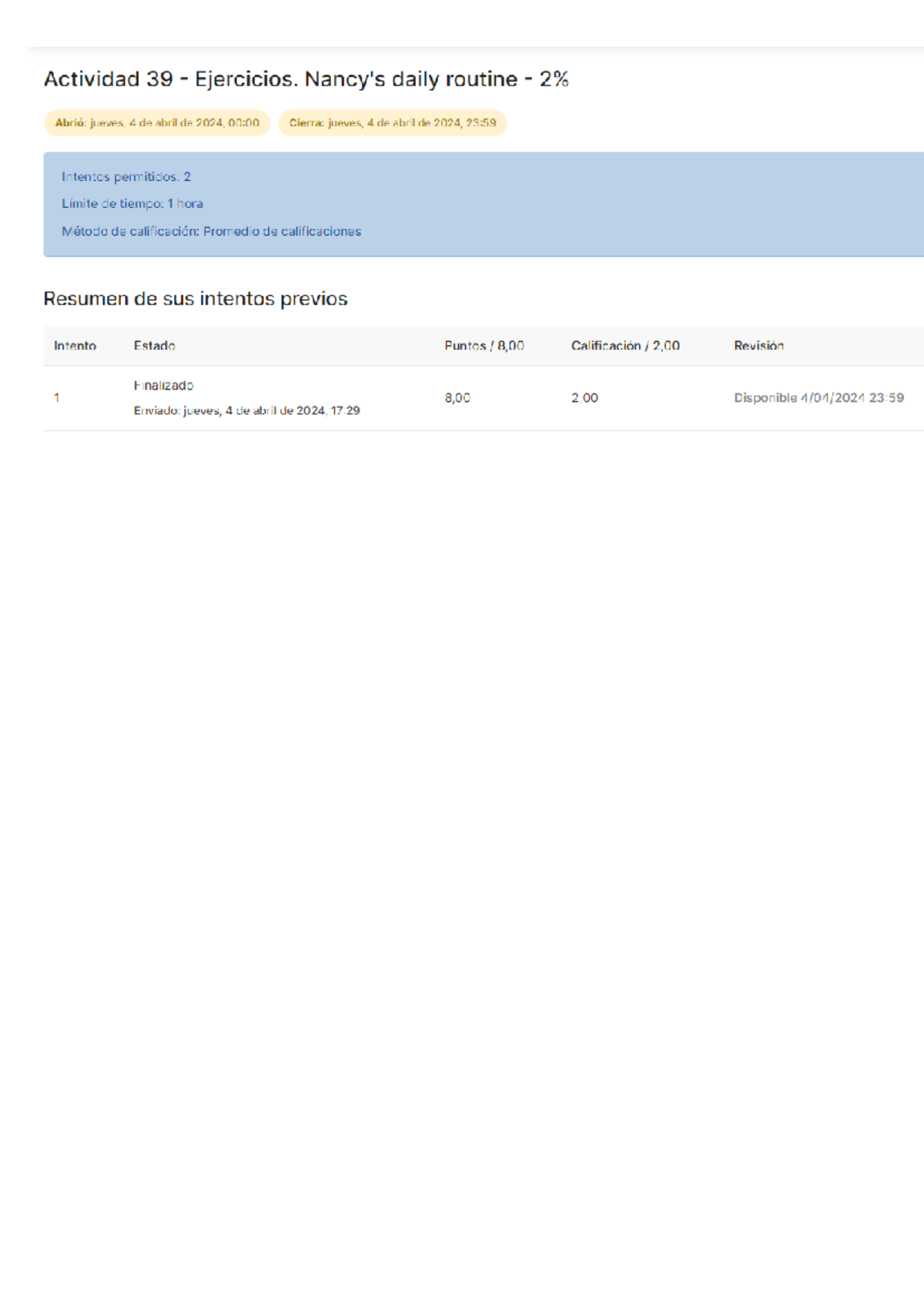 Actividad 39 - Ejercicios. Nancy's daily routine - 2% - NANCY ́S DAILY ...