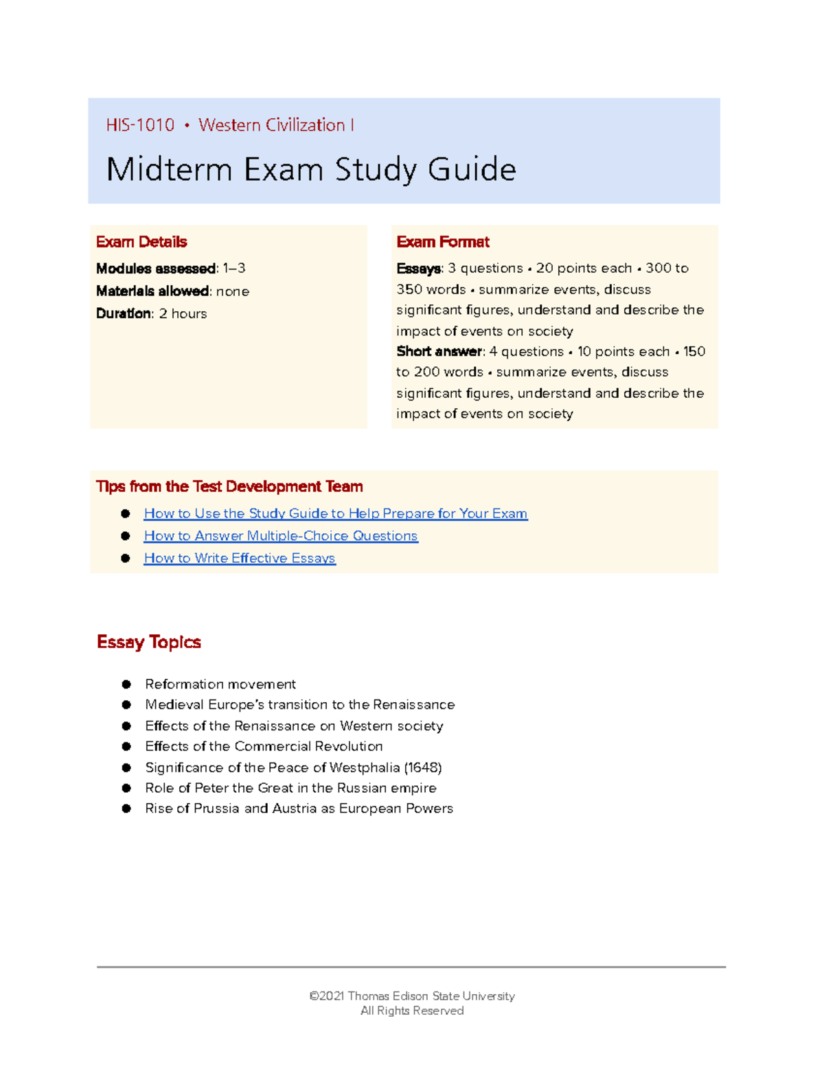 Midterm Exam Study Guide HIS-1010-GS-20jan - HIS-1010 • Western ...