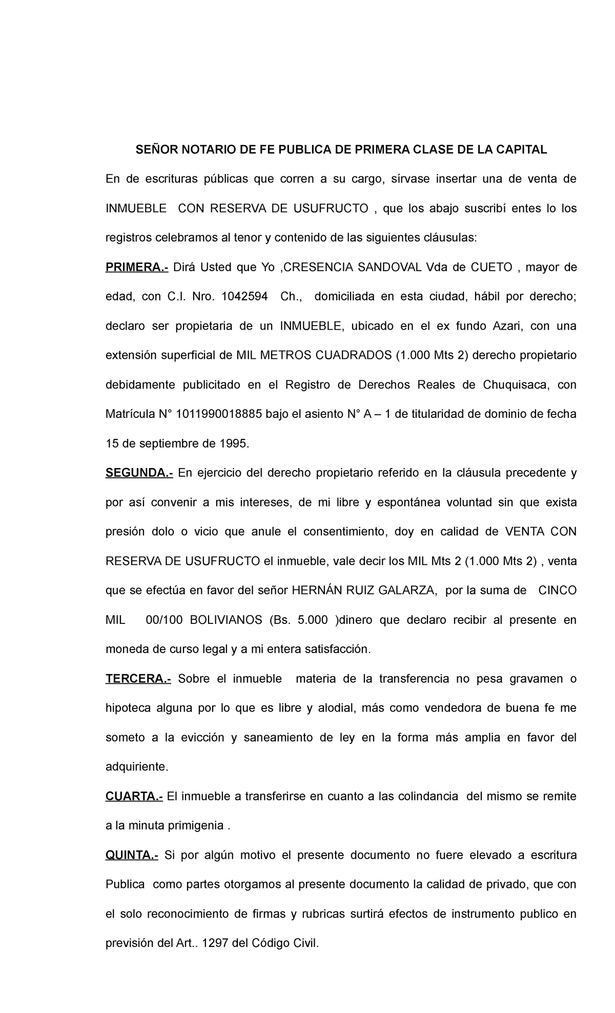 Minuta De Lote De Terrenocon Reserva De Propiedad SeÑor Notario De Fe Publica De Primera Clase 6892