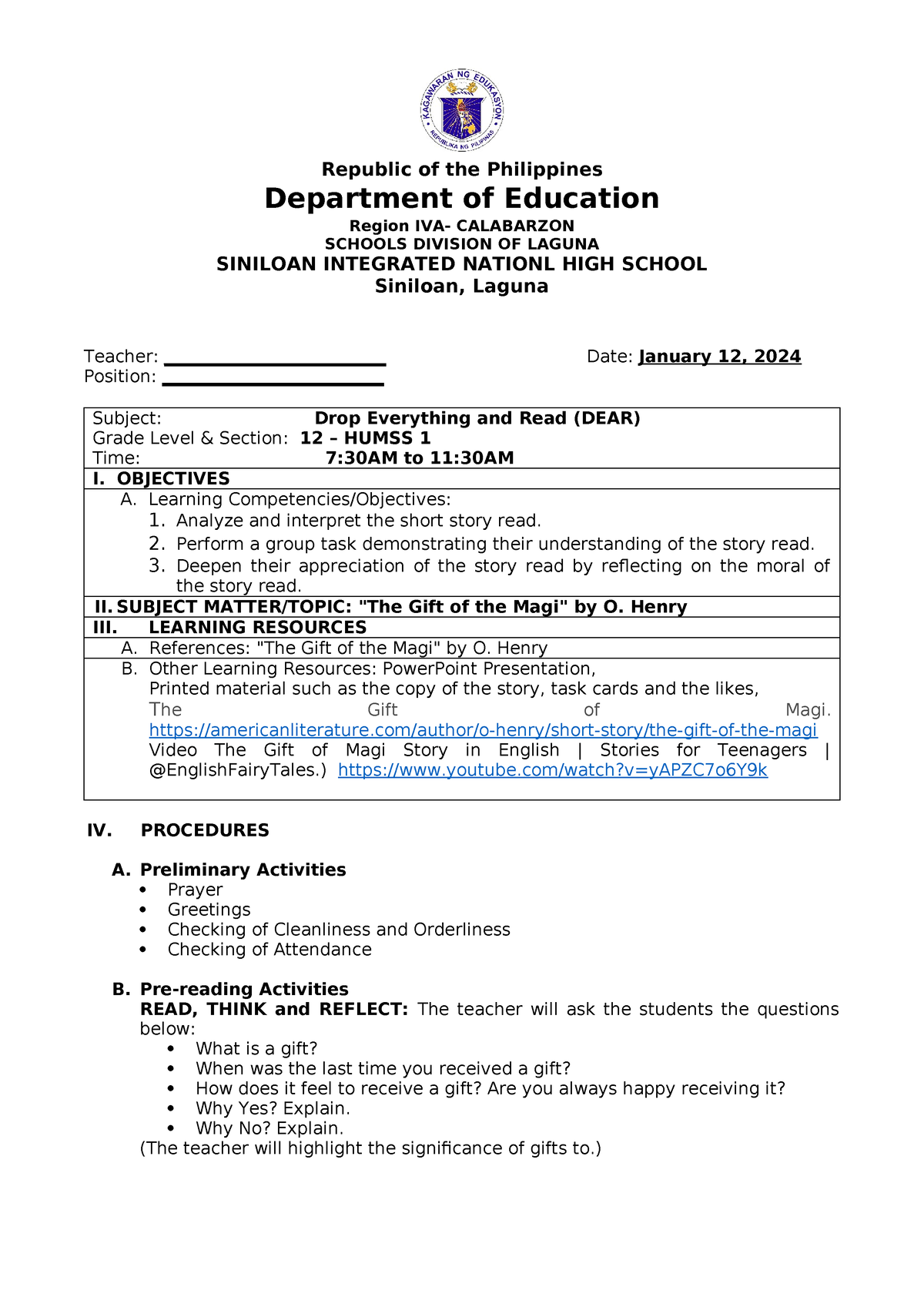 READING MATERIALS - Republic of the Philippines Department of Education ...