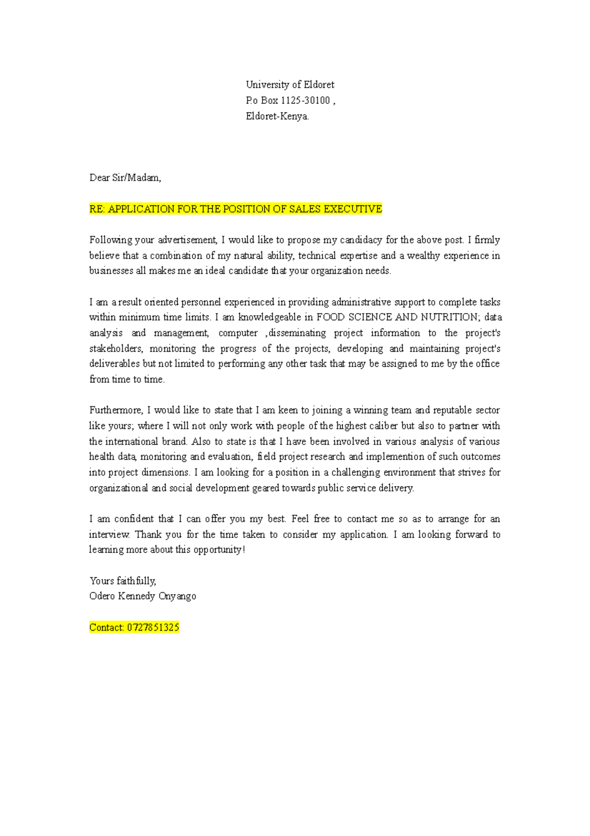 App. Letter University of Eldoret P Box 112530100 , EldoretKenya