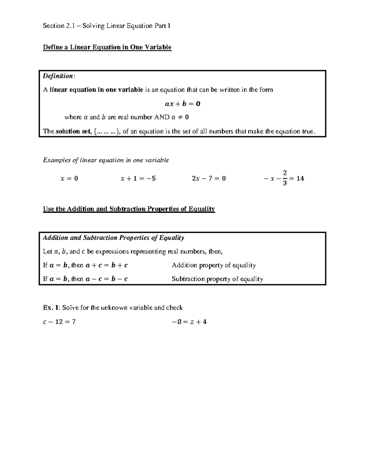 Section 2 1 Solving Linear Equation Part I Section 2 Solving Linear Equation Part I Define