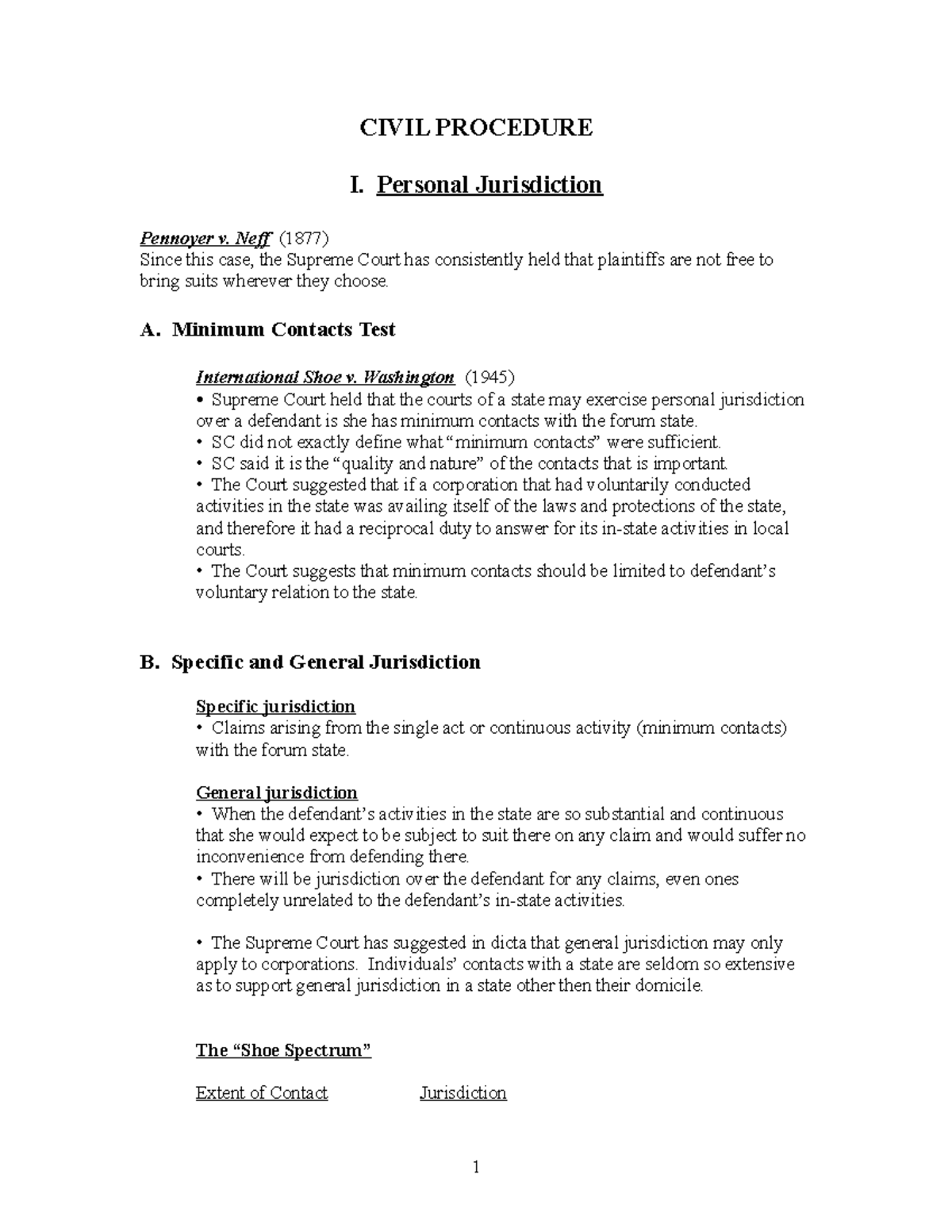 Civil Procedure Law Outline - 3 - CIVIL PROCEDURE I. Personal ...