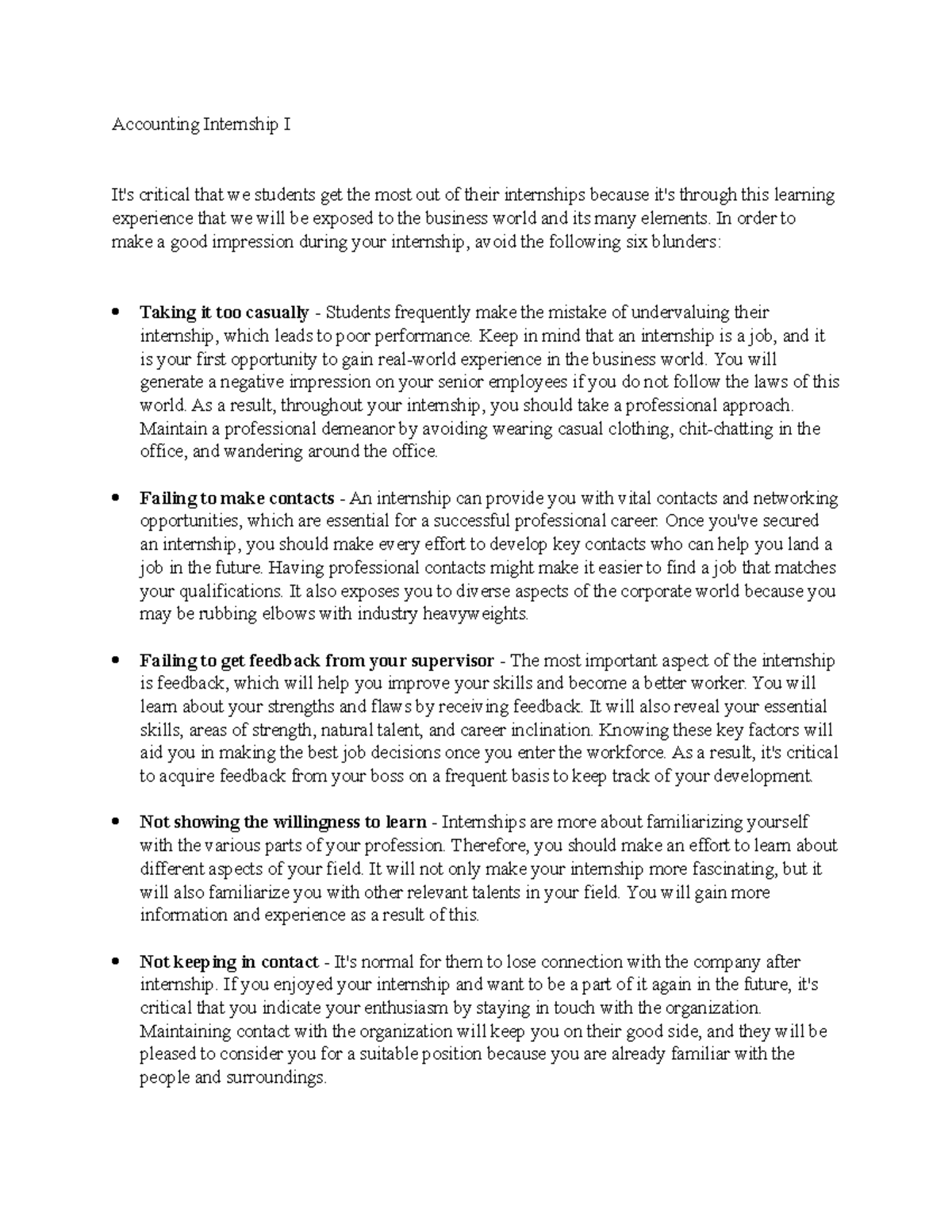 Accounting Internship Assignment Accounting Internship I It's