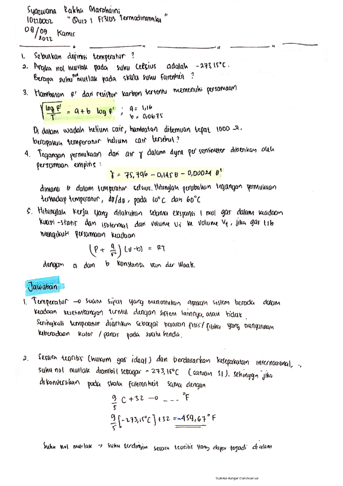 Quiz1 Termodinamika 1022000 2 Syazwana R - Termodinamika Teknik Kimia 1 ...