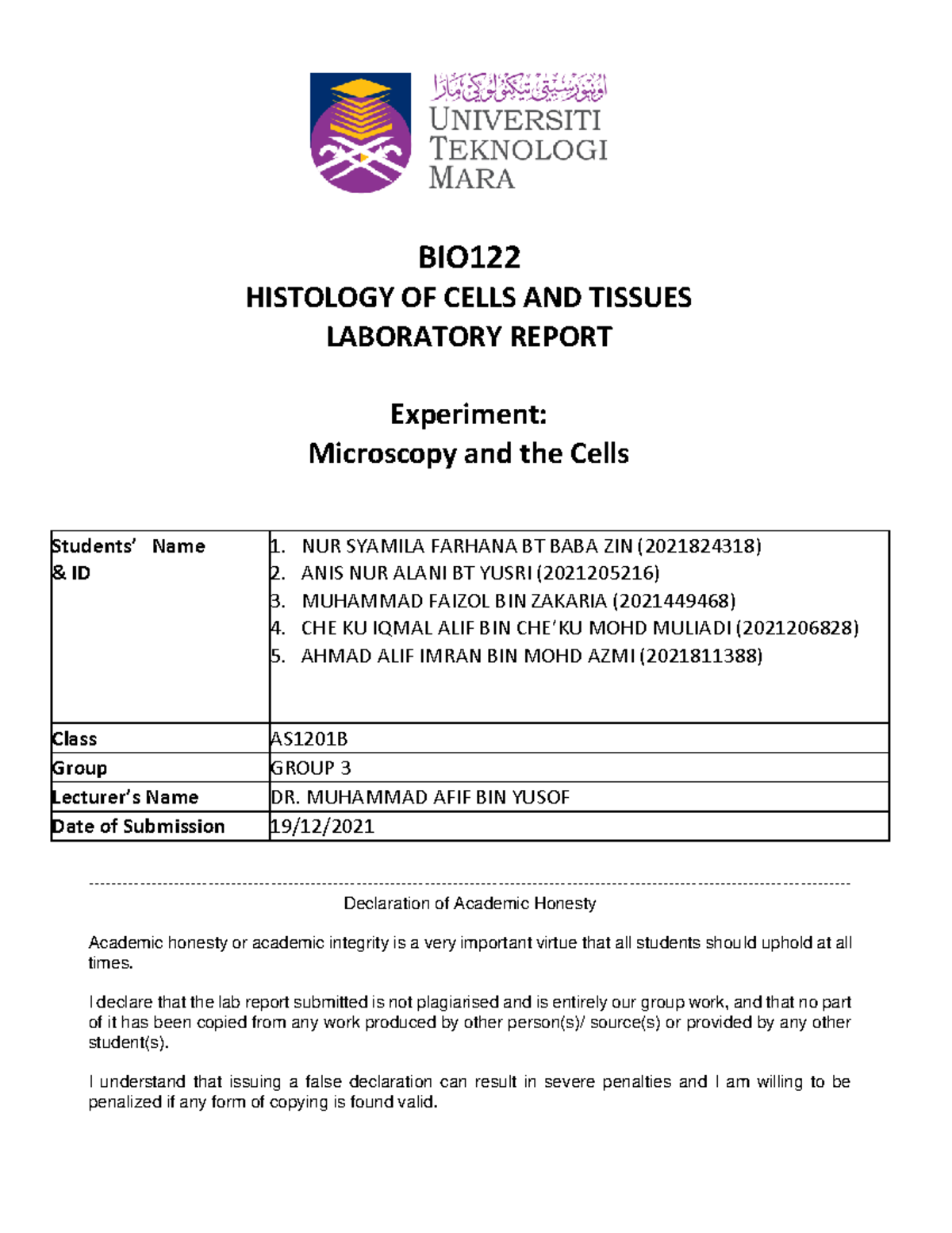 BIO 122 LAB Report - BIO HISTOLOGY OF CELLS AND TISSUES LABORATORY ...