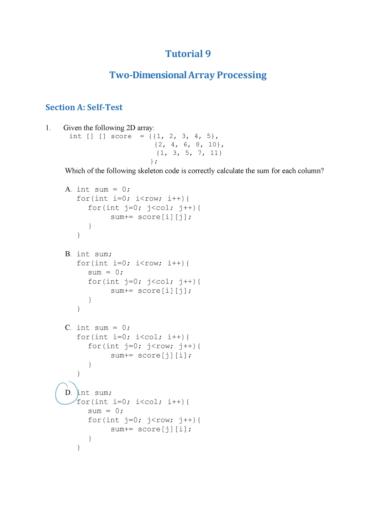 assignment 9 2d arrays