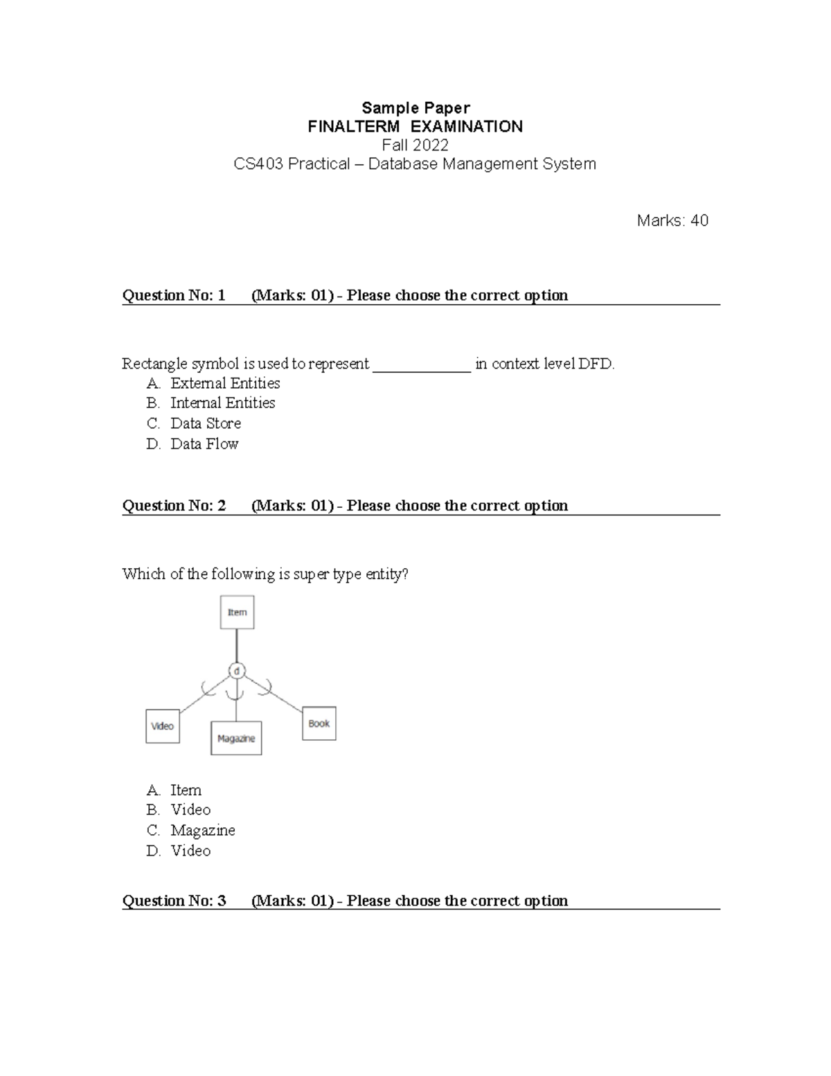 Sample Paper CS403P - For Better Preparation - Sample Paper FINALTERM ...