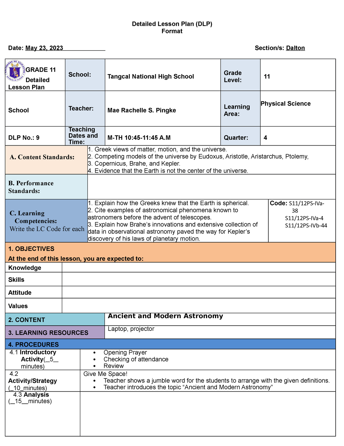 DLP Physical Science Models of the Universe - Detailed Lesson Plan (DLP ...