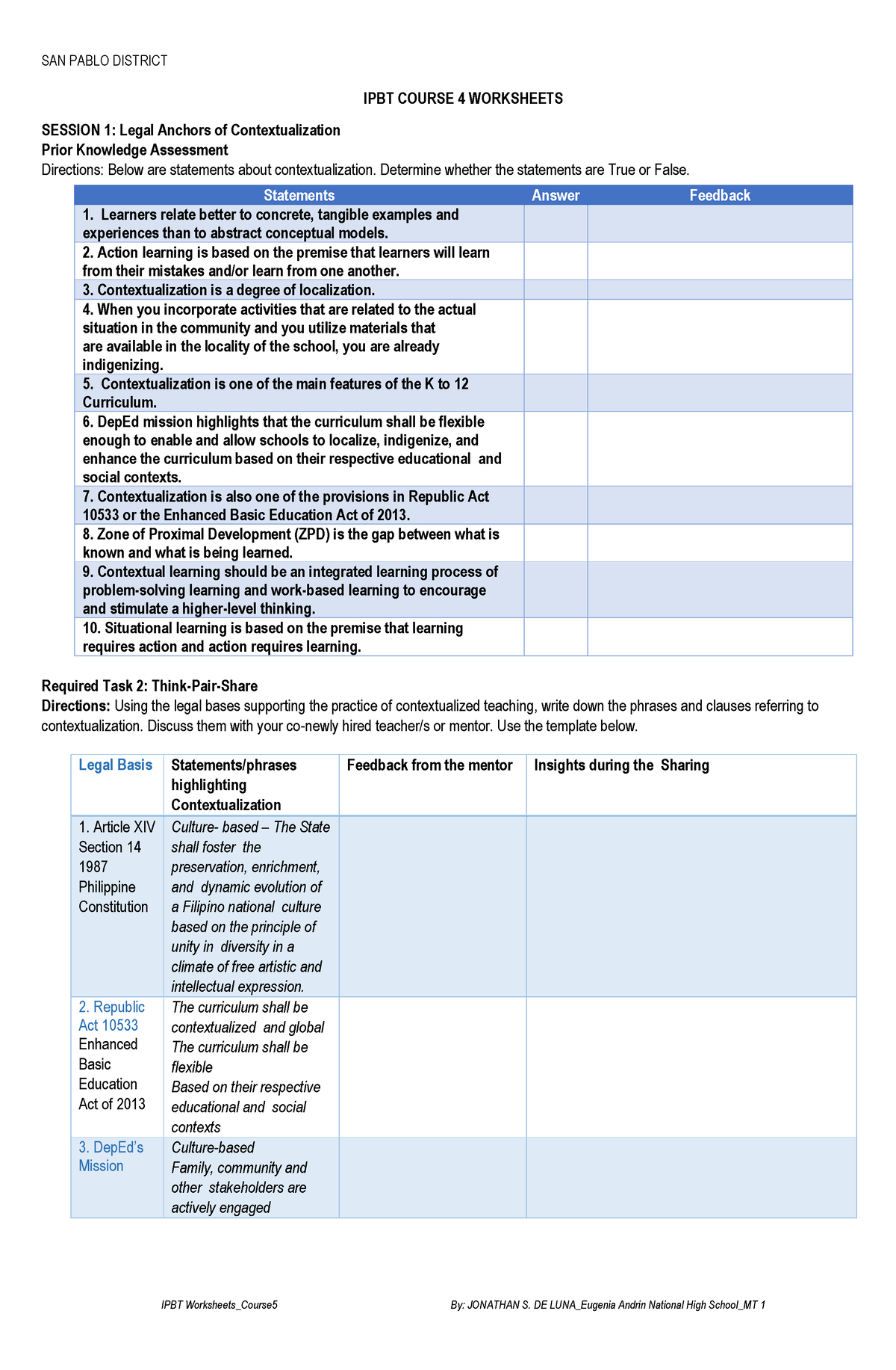 IPBT- Course-4- Worksheets- final - IPBT COURSE 4 WORKSHEETS SESSION 1 ...