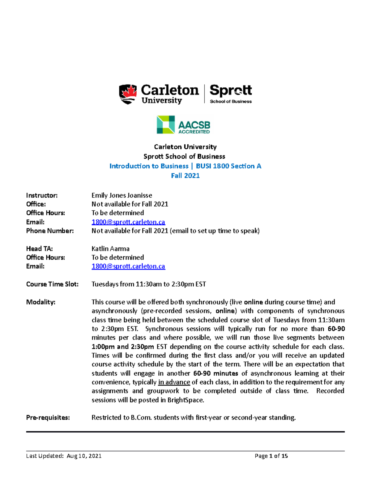 BUSI 1800 (A) - Course Outline (F21) Final - Carleton University Sprott ...