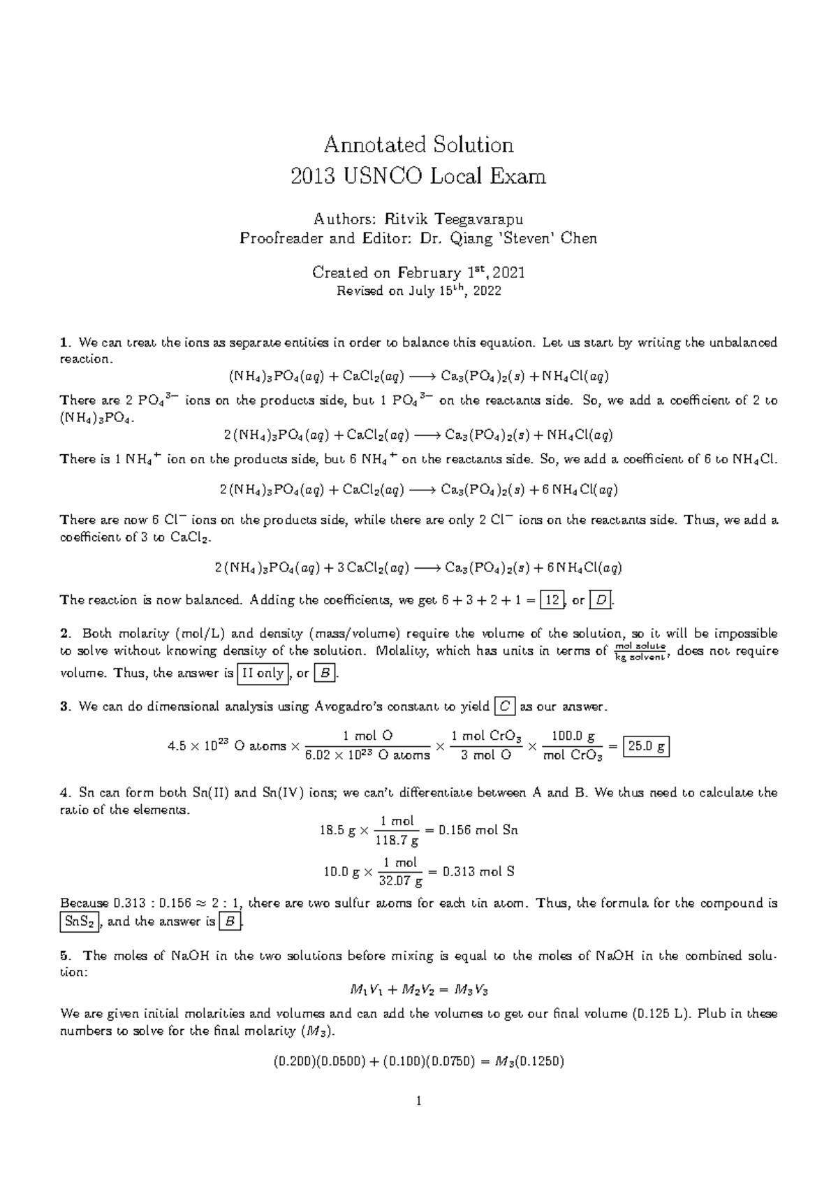 Usnco Local Exam 2025 Solution: 2020 usnco exam Part Ii