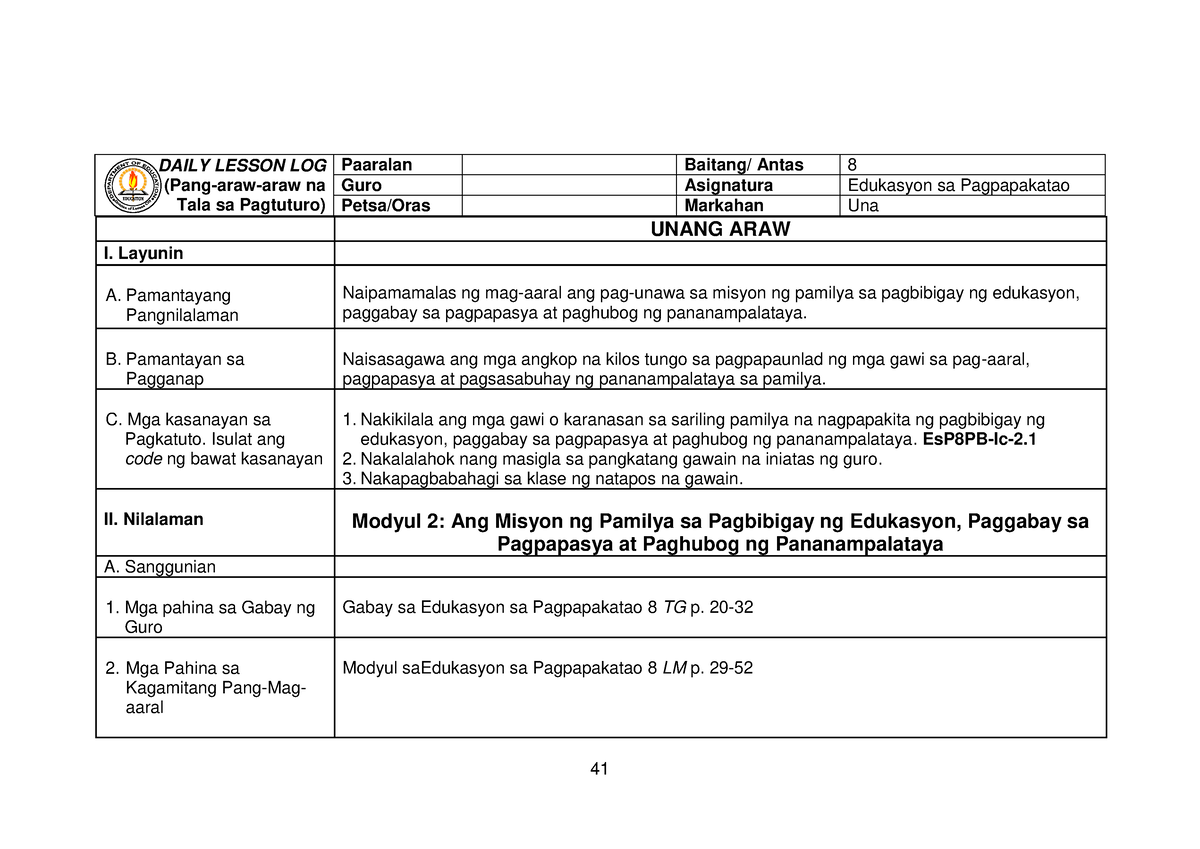 Dll Esp Modyul All About Sa Edukasyon Sa Pagpapakatao Daily Lesson Log Pang Araw Araw