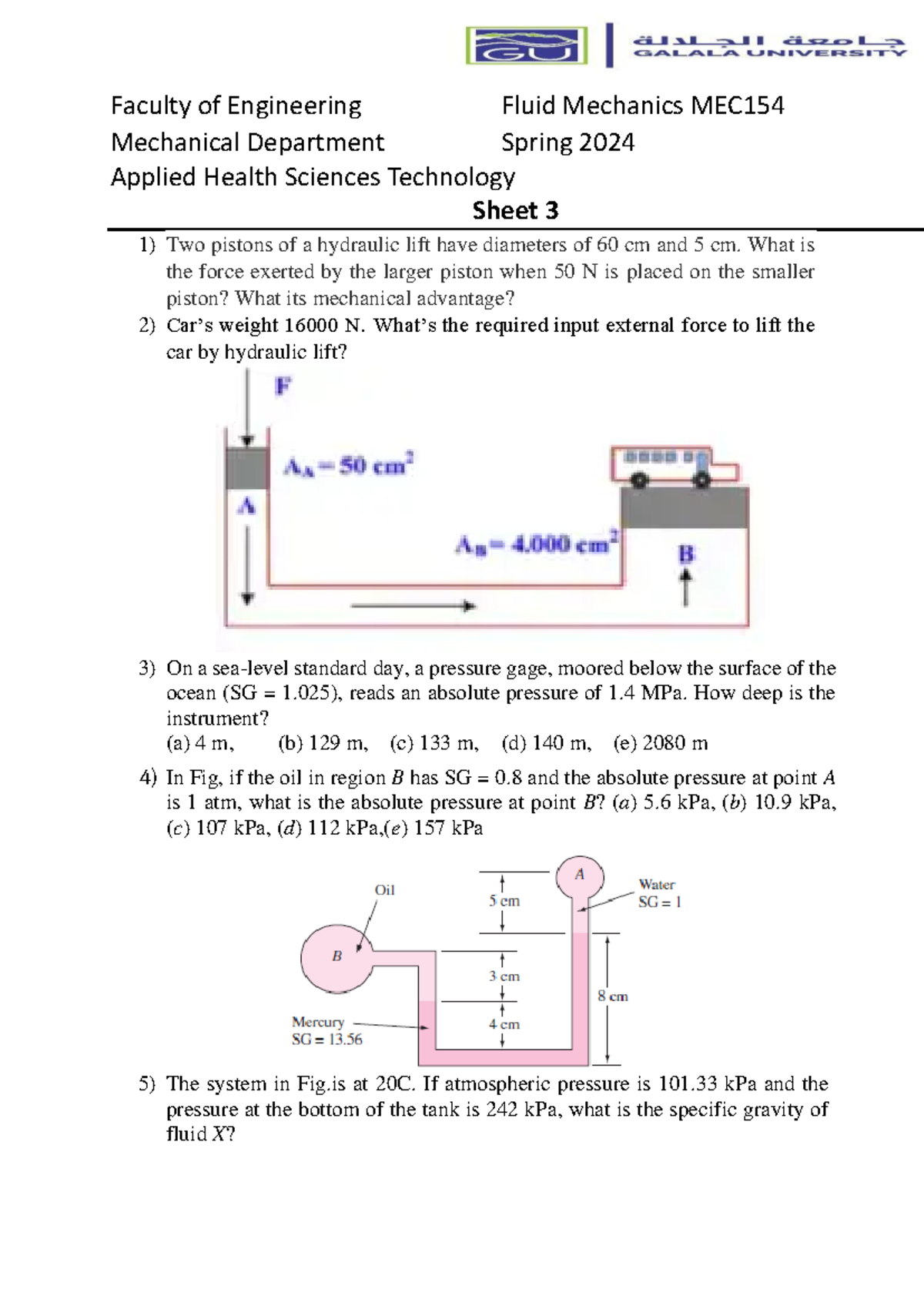 MEC 154 Sheet 3 Spring 2024 - Faculty of Engineering Fluid Mechanics ...