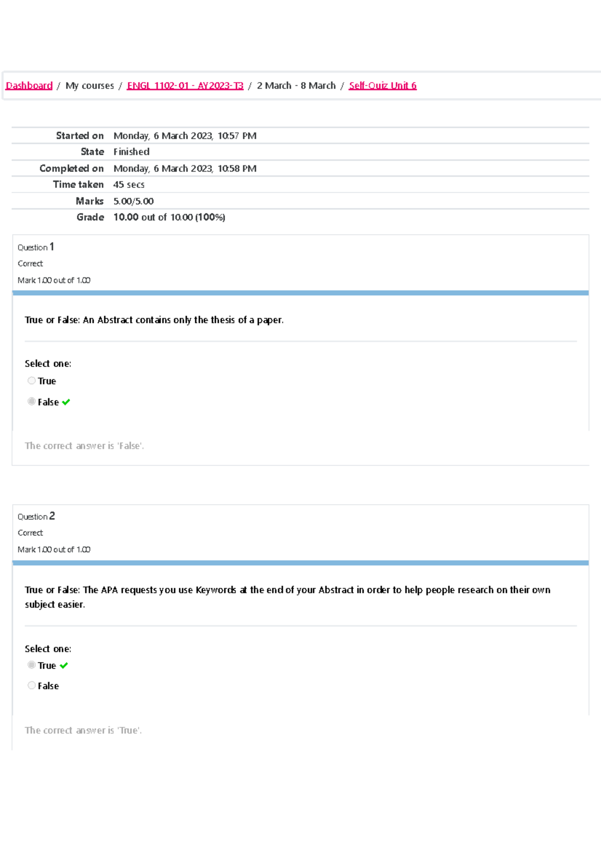 Self-Quiz Unit 6 Attempt Review - Started On Monday, 6 March 2023, 10: ...