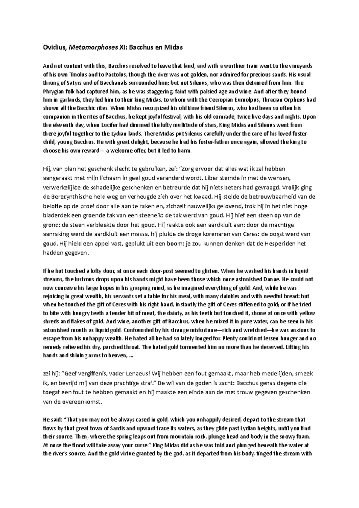 Vertaling Ovidius, Bacchus en Midas - Ovidius, Metamorphoses XI ...