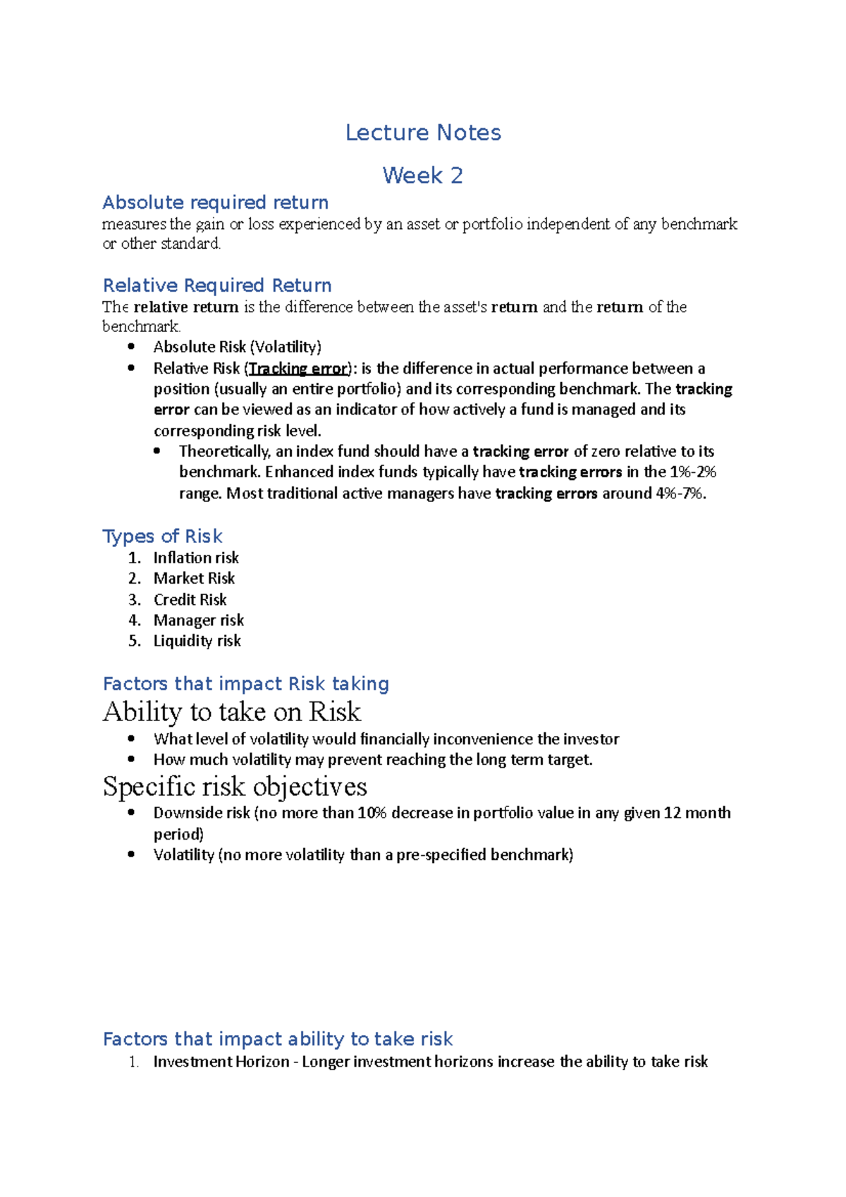 Lecture Notes 2 - Lecture Notes Week 2 Absolute required return ...