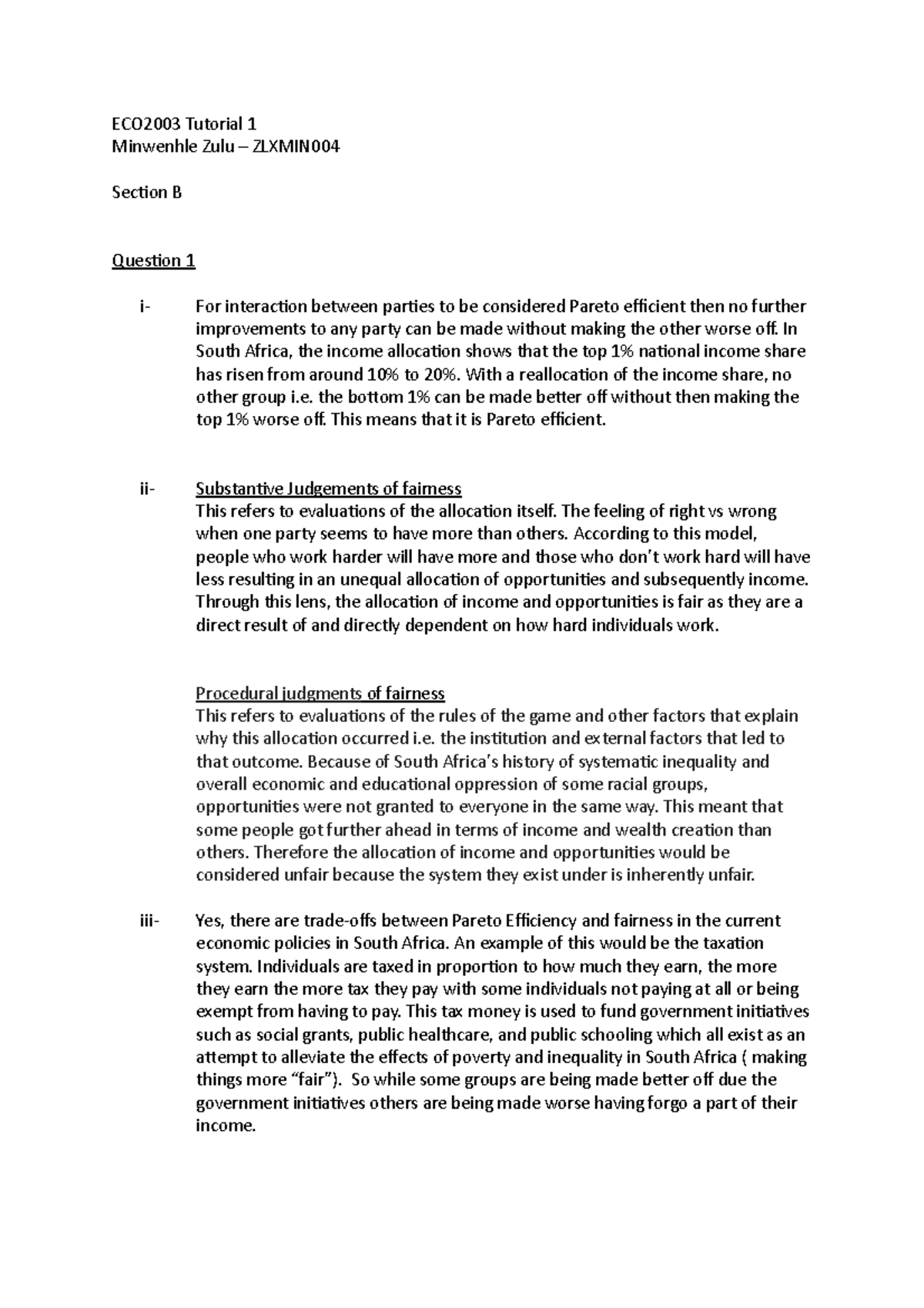 ECO2003 TUT1 - ECO2003 Tutorial 1 Minwenhle Zulu – ZLXMIN Sec?on B Ques ...