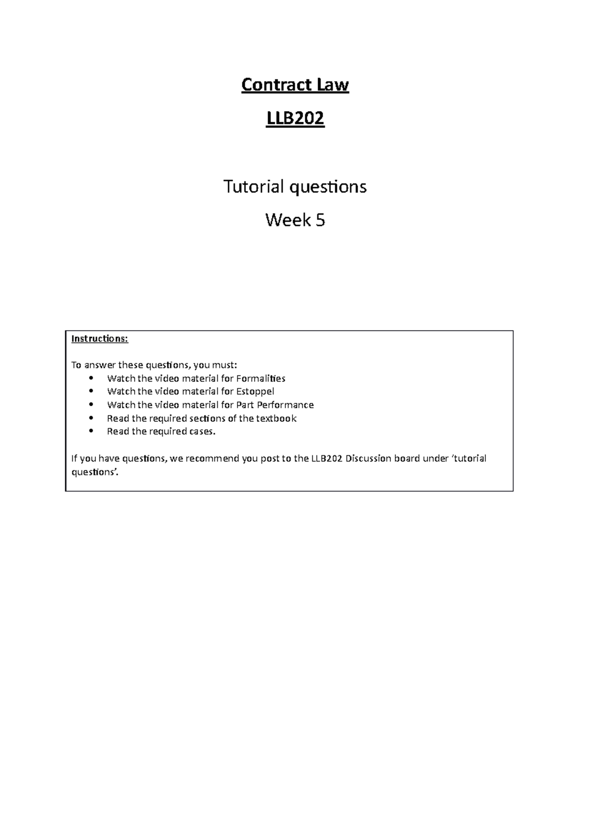 2022 LLB202 Week 5 Tutorial Questions - Contract Law LLB Tutorial ...