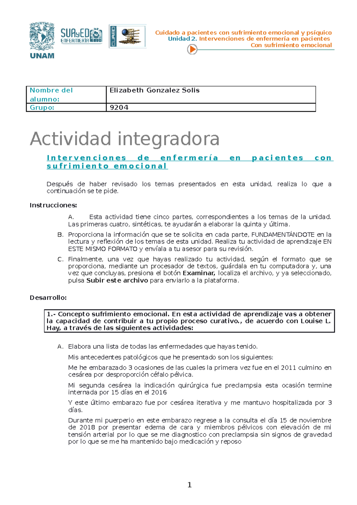 Actividad Integradora 2 - Cuidado A Pacientes Con Sufrimiento Emocional ...