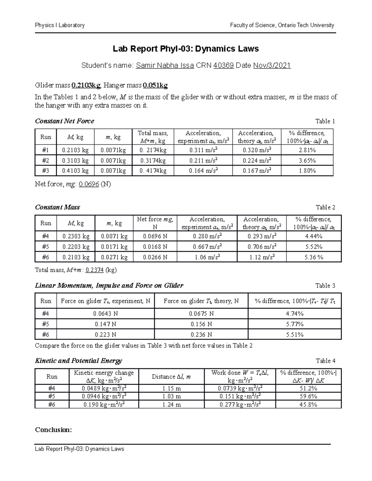 Dynamics Report - lab - Physics I Laboratory Faculty of Science ...