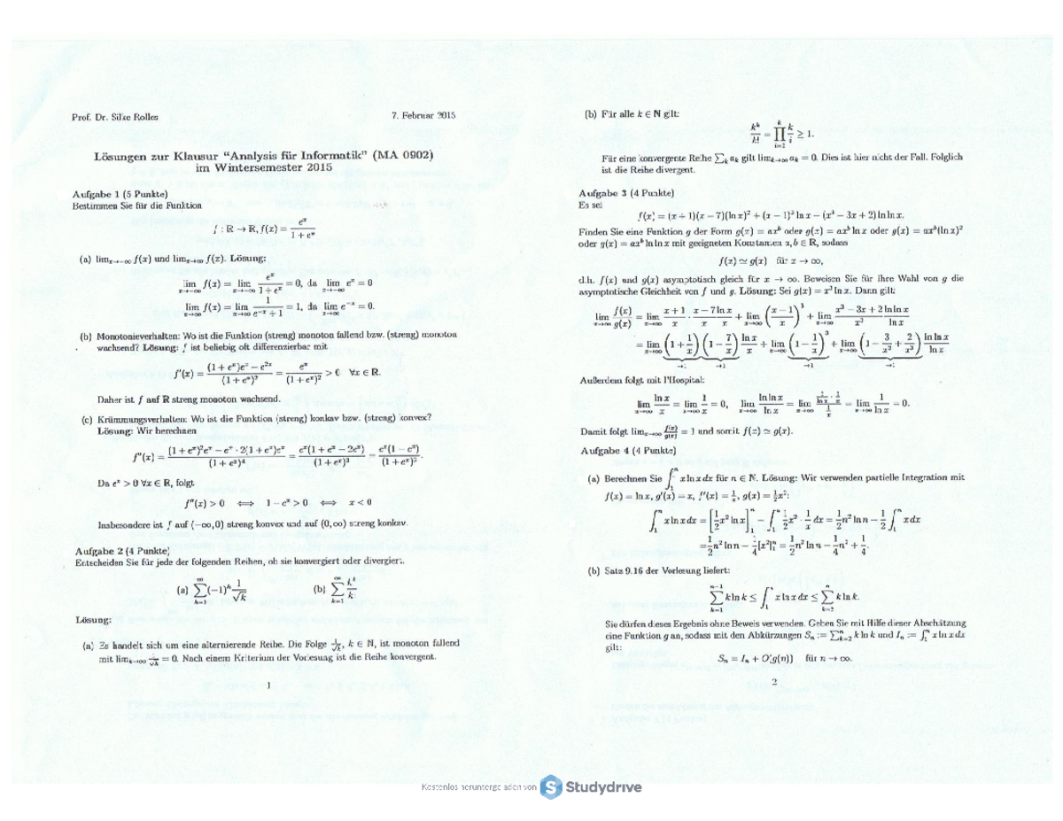 Lösung WS 2014 - Altklausur - Analysis Für Informatik [MA0902 ...