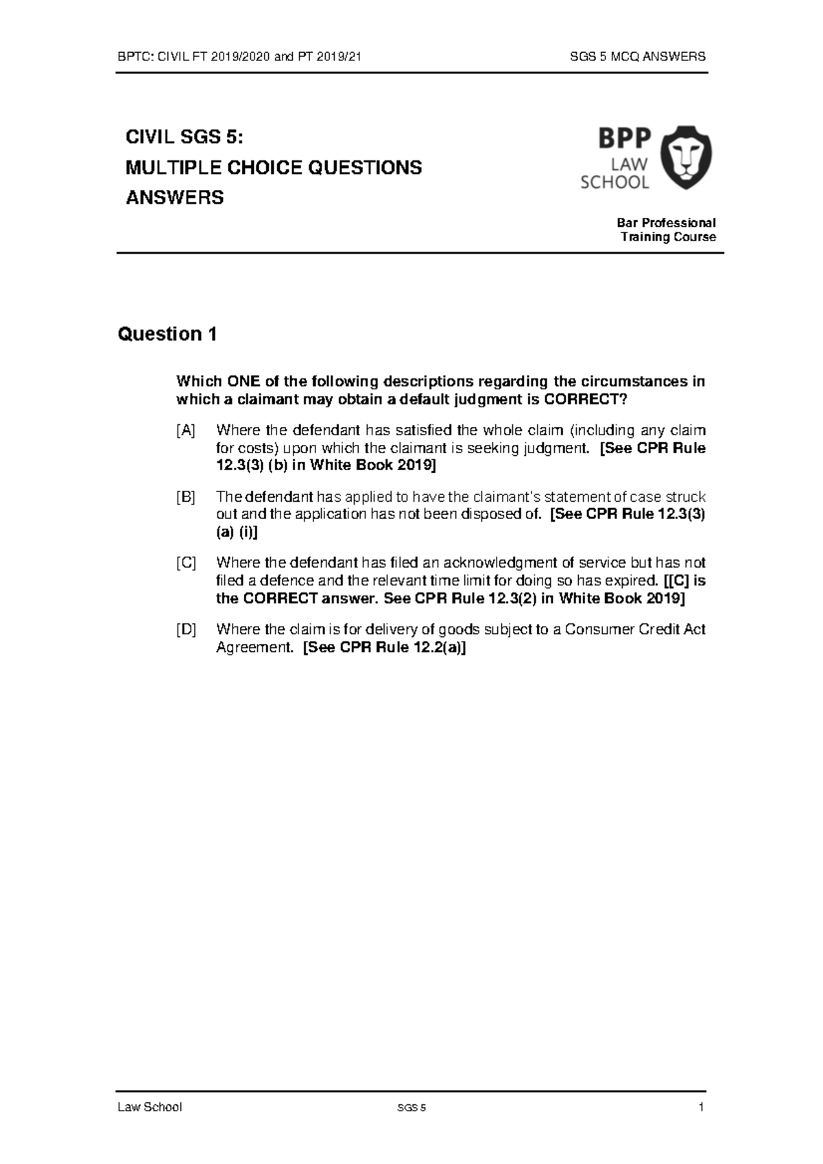 Civil SGS 5 MCQ Answers - BPTC: CIVIL FT 2019/2020 And PT 2019/21 SGS 5 ...