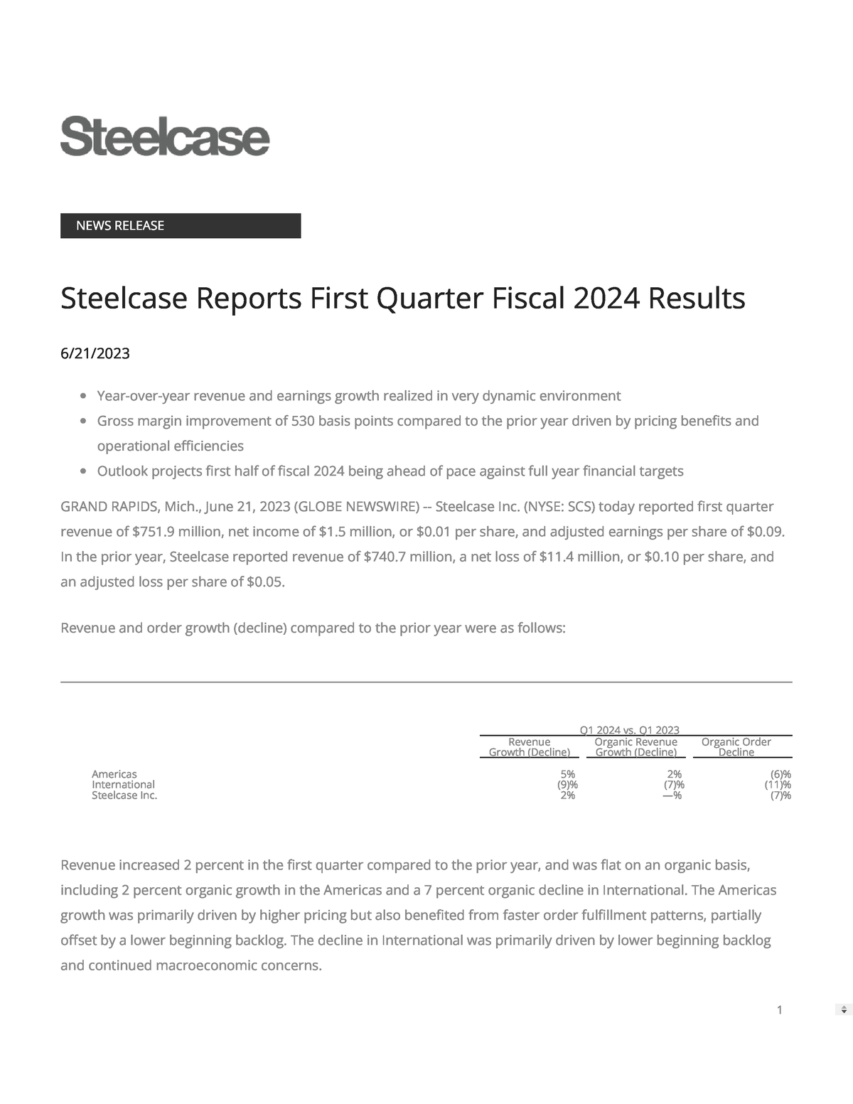 Steelcase Reports First Quarter Fiscal 2024 Results 2023 hons