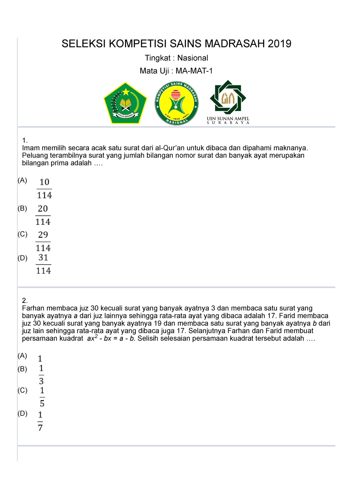 MA- Matematika Nasional 2019 - SELEKSI KOMPETISI SAINS MADRASAH 2019 ...