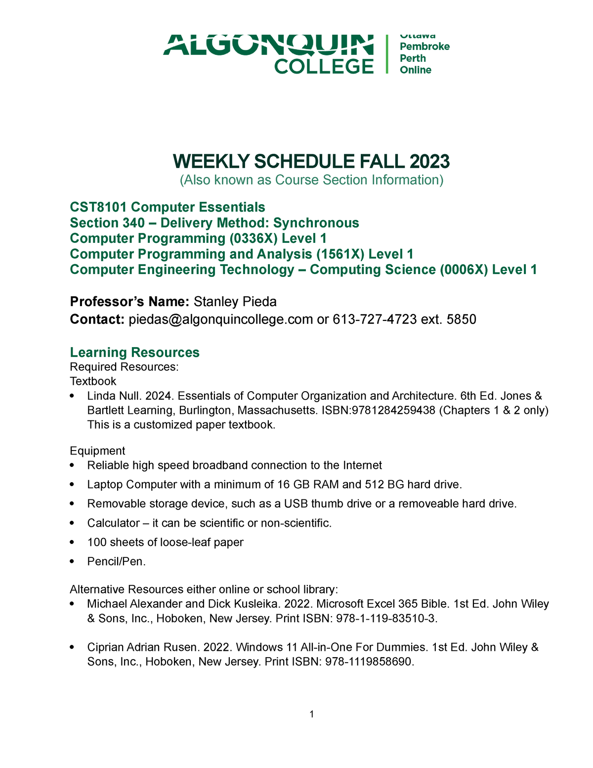 CST8118 Weekly Schedule (CSI) Fall 2023 Section 340 WEEKLY SCHEDULE