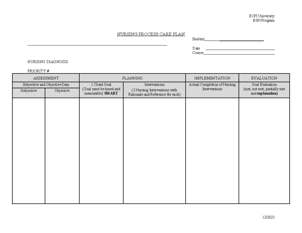 BSN Care Plan Form Template 2024 - ECPI University BSN Program NURSING ...