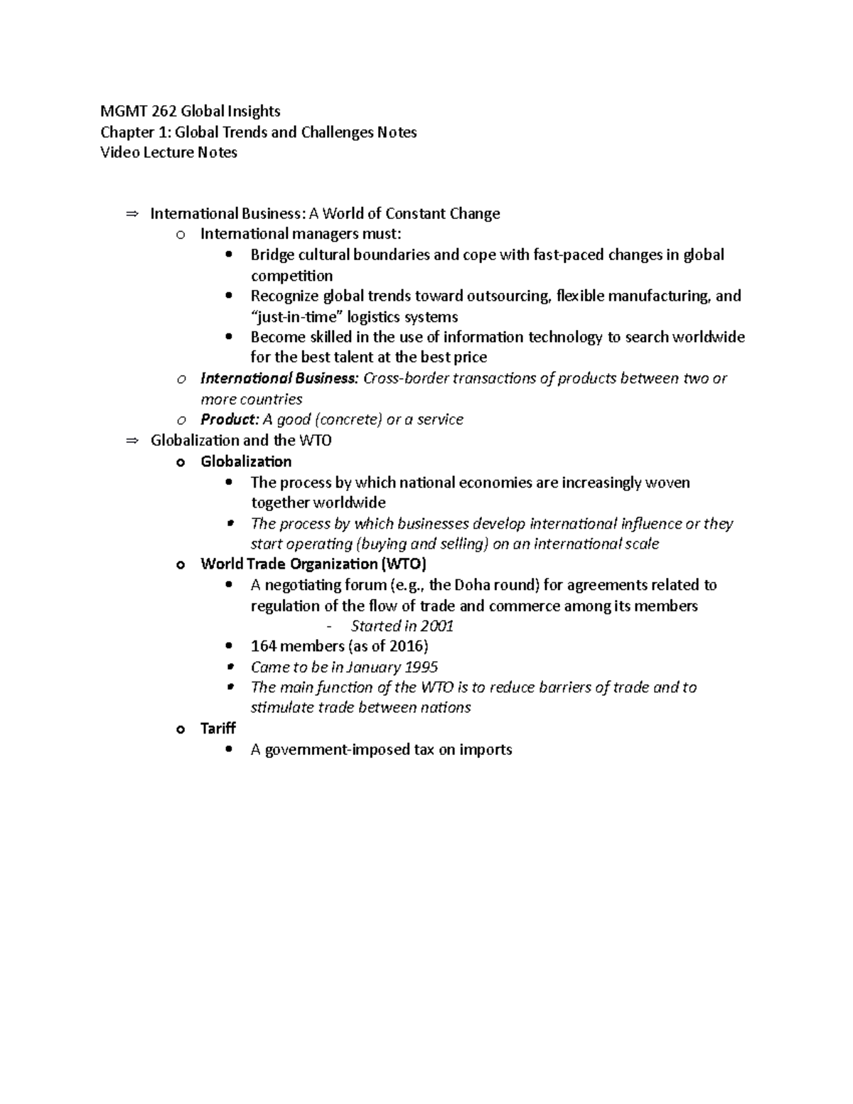 MGMT 262 Chapter 1 Video Lecture Notes - MGMT 262 Global Insights ...