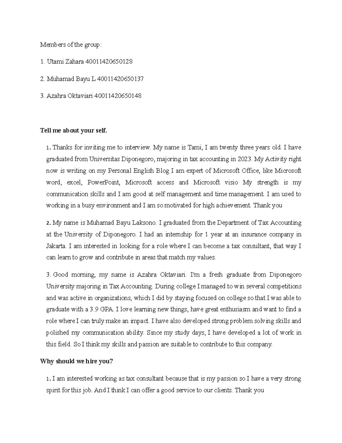 Junior Tax Consultant Interview Session Final Exam English Conversation