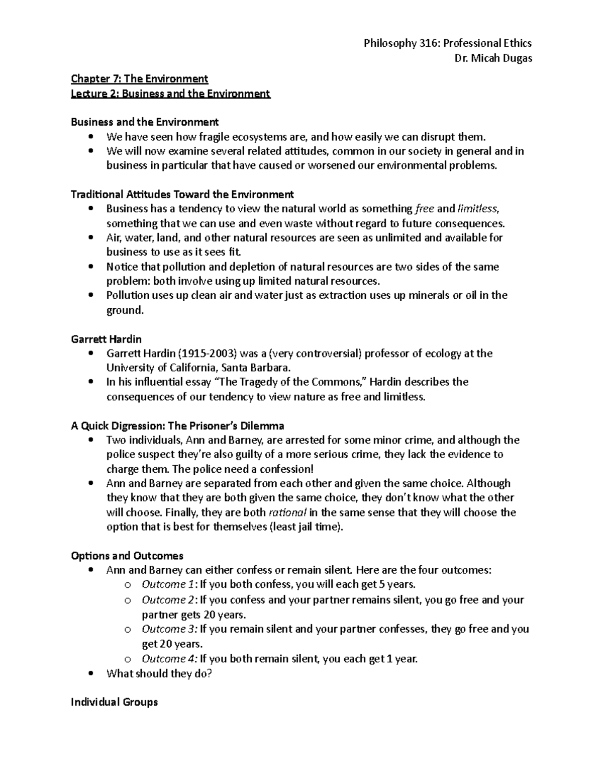 Chapter 7 - Lecture 2 - Dr. Micah Dugas Chapter 7: The Environment ...